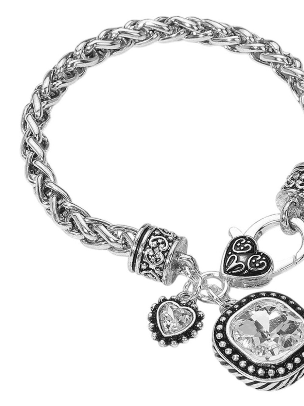 Square Heart Stone Charm Bracelet Gold Tone Sparkle Statement Jewelry